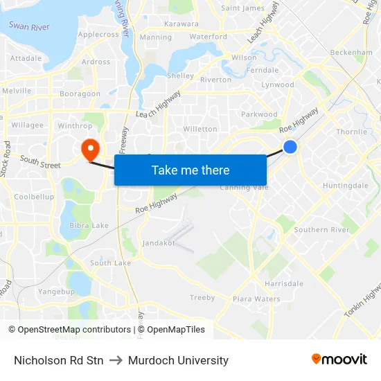 Nicholson Rd Stn to Murdoch University map