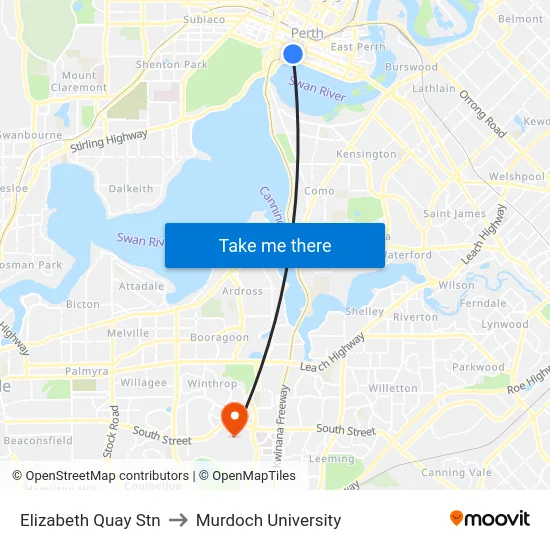 Elizabeth Quay Stn to Murdoch University map