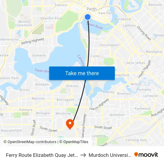 Ferry Route Elizabeth Quay Jetty to Murdoch University map