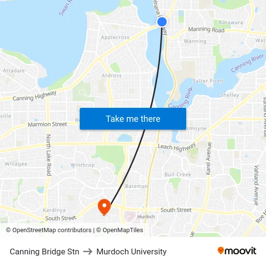 Canning Bridge Stn to Murdoch University map