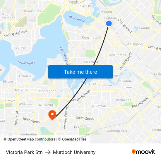 Victoria Park Stn to Murdoch University map