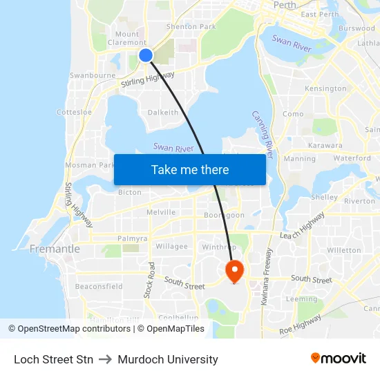 Loch Street Stn to Murdoch University map