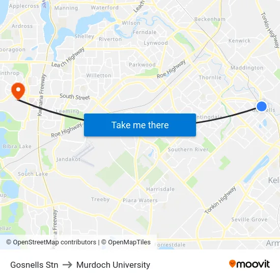 Gosnells Stn to Murdoch University map