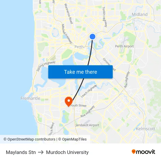 Maylands Stn to Murdoch University map