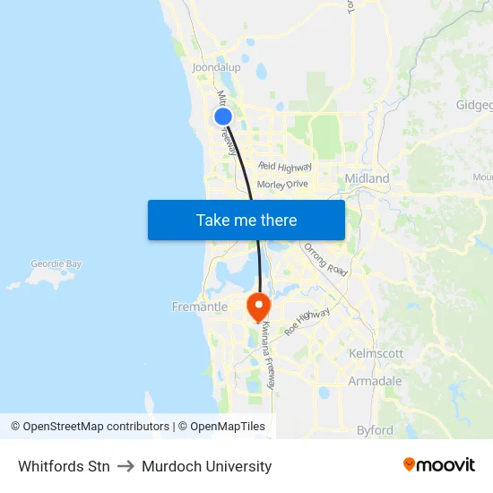 Whitfords Stn to Murdoch University map