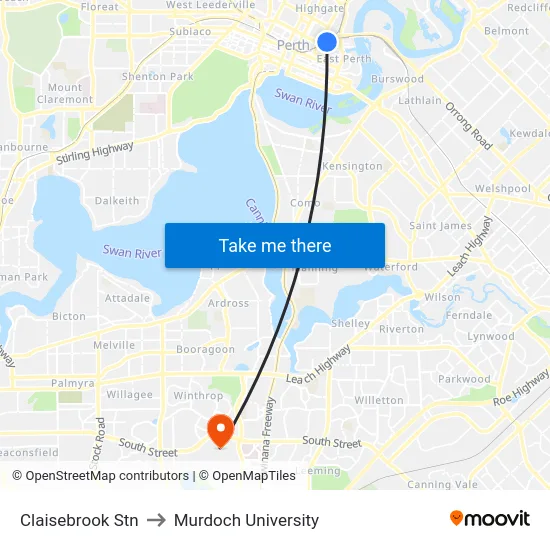 Claisebrook Stn to Murdoch University map