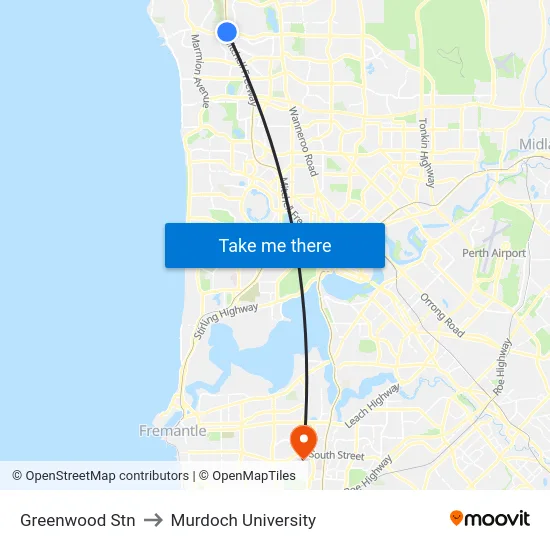 Greenwood Stn to Murdoch University map