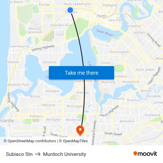 Subiaco Stn to Murdoch University map