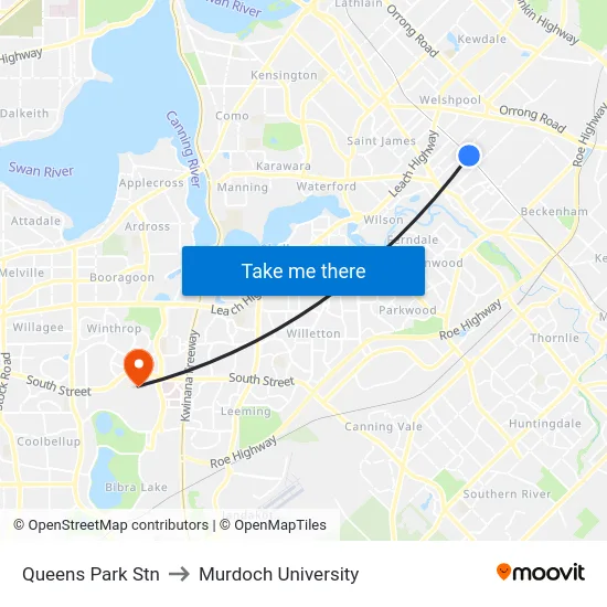 Queens Park Stn to Murdoch University map