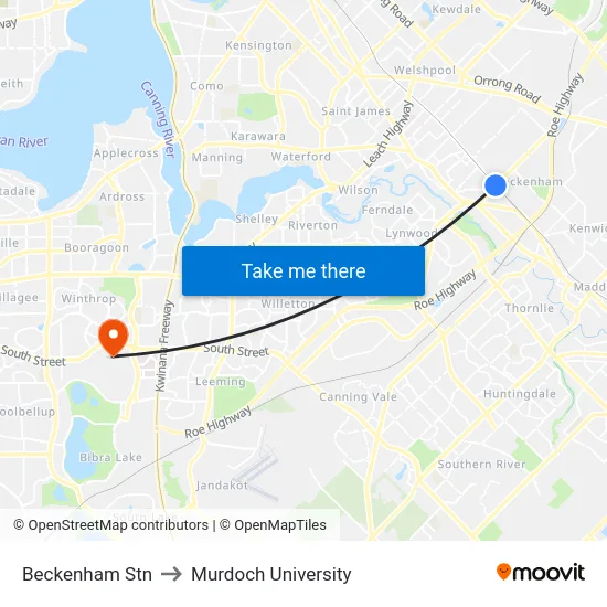 Beckenham Stn to Murdoch University map
