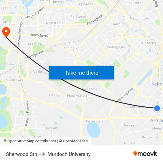 Sherwood Stn to Murdoch University map