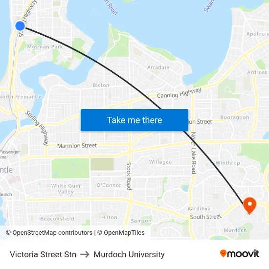 Victoria Street Stn to Murdoch University map