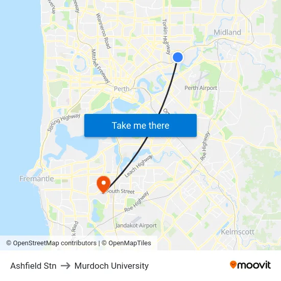 Ashfield Stn to Murdoch University map