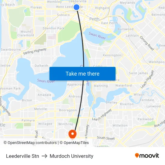 Leederville Stn to Murdoch University map