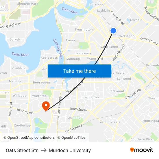 Oats Street Stn to Murdoch University map