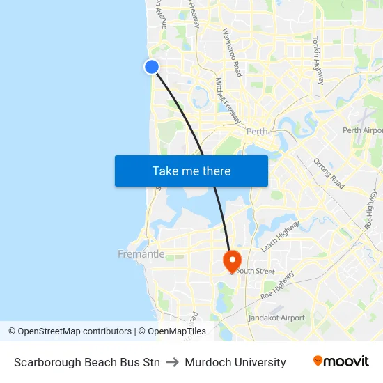Scarborough Beach Bus Stn to Murdoch University map