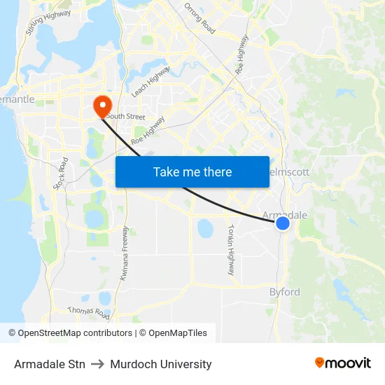 Armadale Stn to Murdoch University map