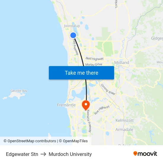Edgewater Stn to Murdoch University map