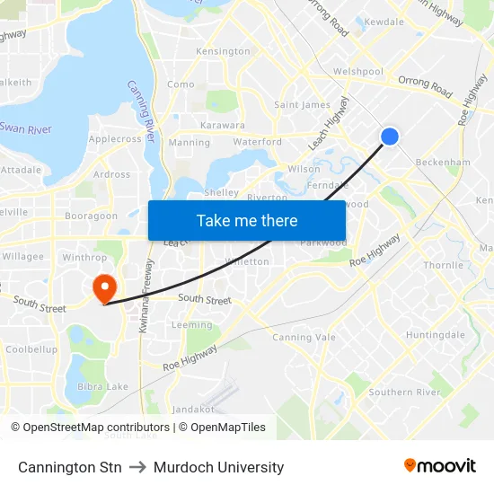 Cannington Stn to Murdoch University map
