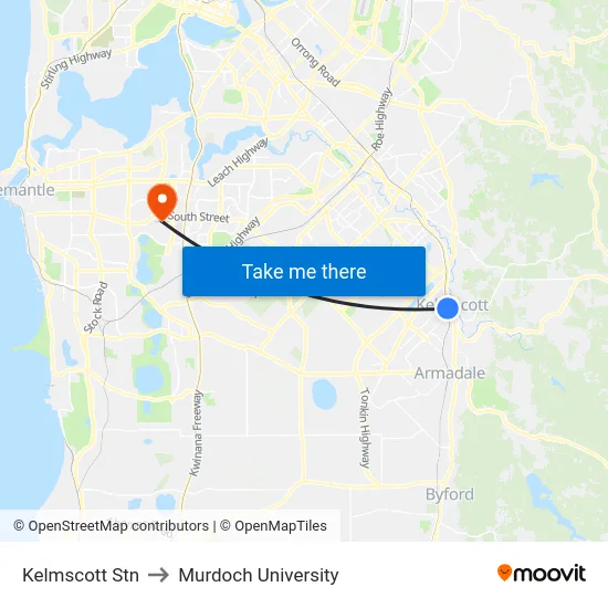 Kelmscott Stn to Murdoch University map