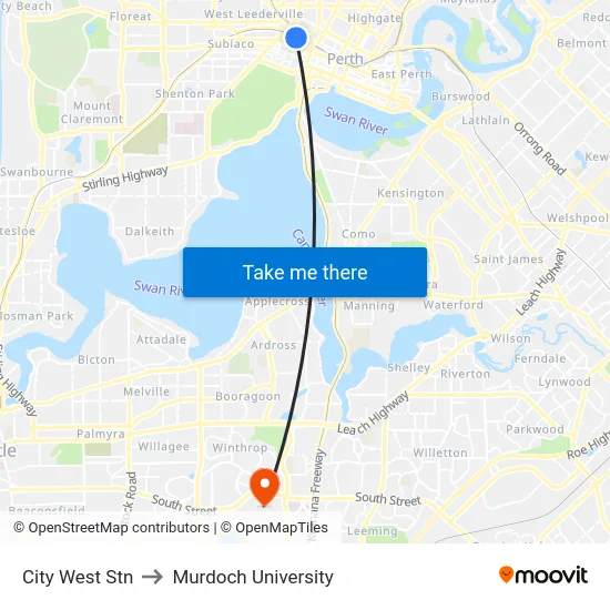 City West Stn to Murdoch University map