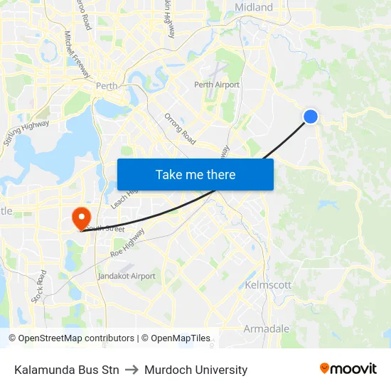 Kalamunda Bus Stn to Murdoch University map