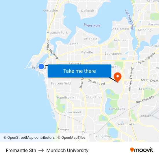 Fremantle Stn to Murdoch University map
