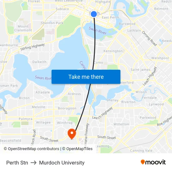 Perth Stn to Murdoch University map