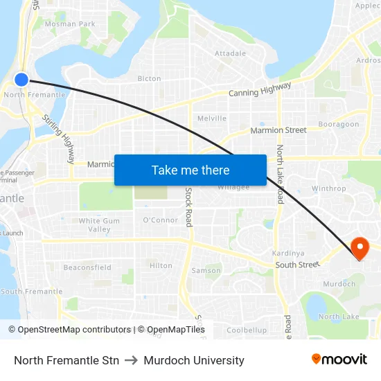 North Fremantle Stn to Murdoch University map