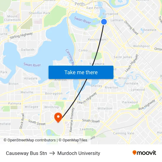 Causeway Bus Stn to Murdoch University map
