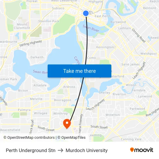 Perth Underground Stn to Murdoch University map