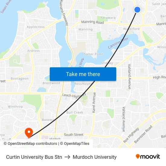 Curtin University Bus Stn to Murdoch University map