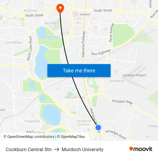 Cockburn Central Stn to Murdoch University map