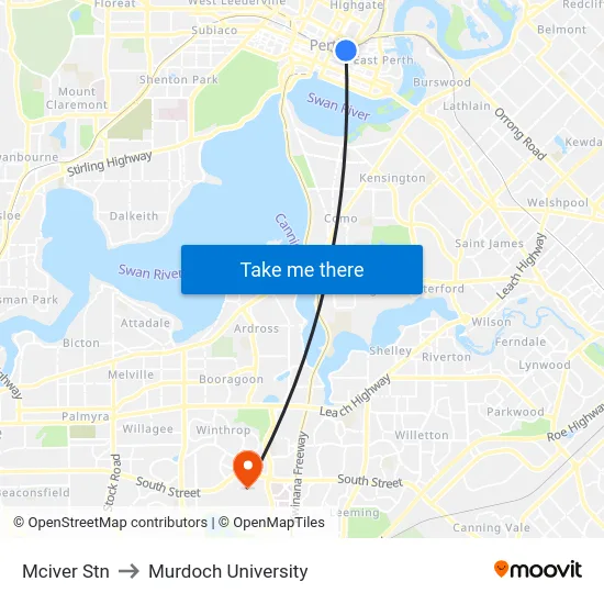 Mciver Stn to Murdoch University map