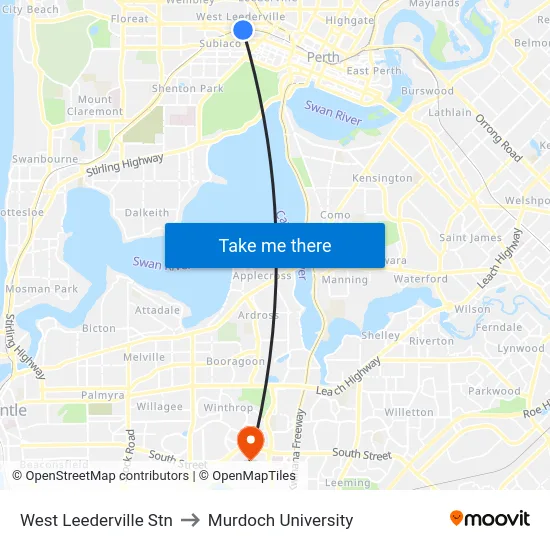 West Leederville Stn to Murdoch University map