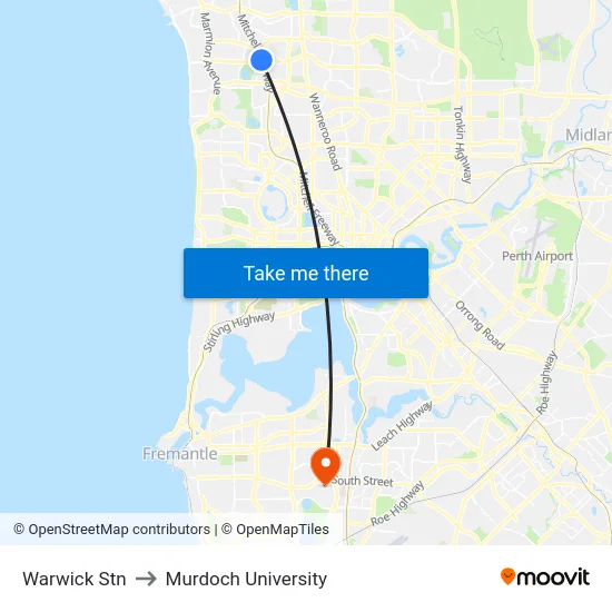 Warwick Stn to Murdoch University map