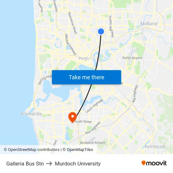 Galleria Bus Stn to Murdoch University map