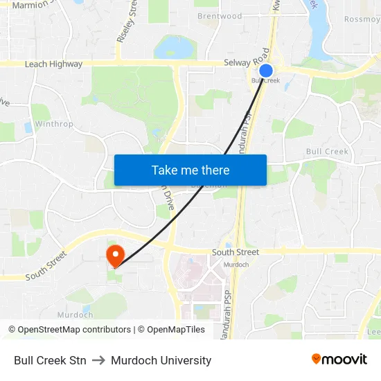 Bull Creek Stn to Murdoch University map