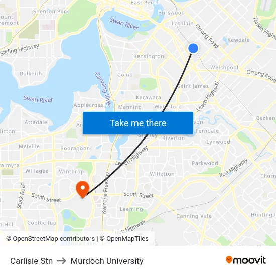 Carlisle Stn to Murdoch University map