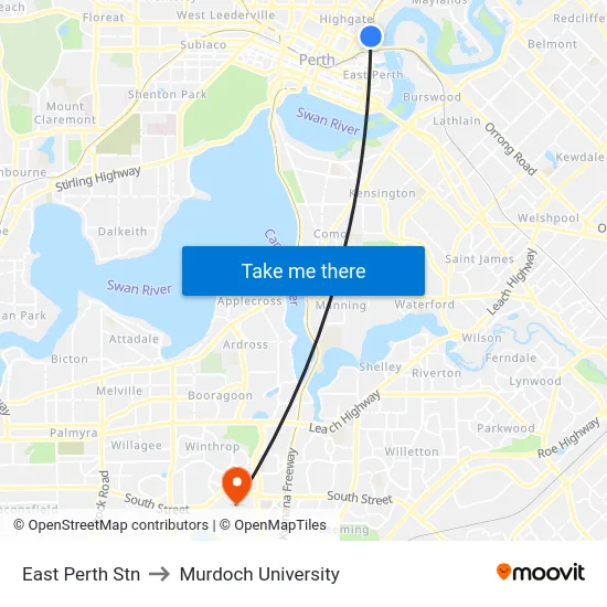 East Perth Stn to Murdoch University map