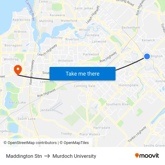 Maddington Stn to Murdoch University map