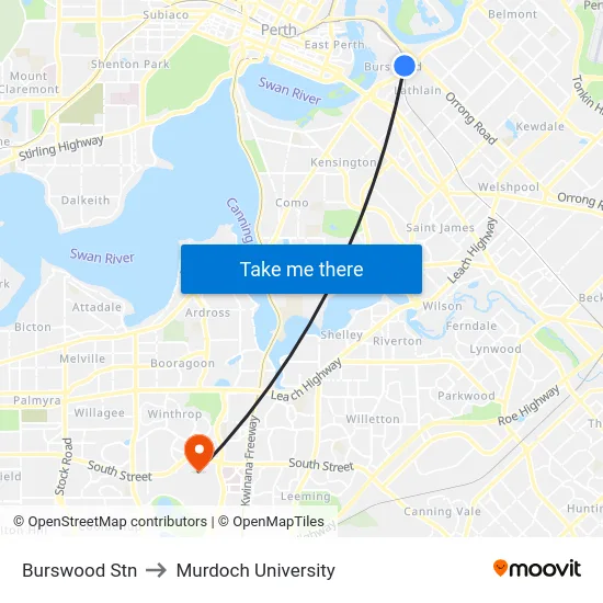 Burswood Stn to Murdoch University map