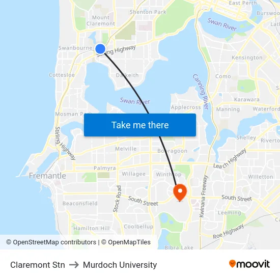 Claremont Stn to Murdoch University map