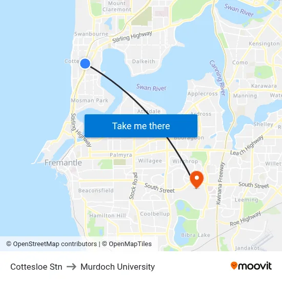 Cottesloe Stn to Murdoch University map