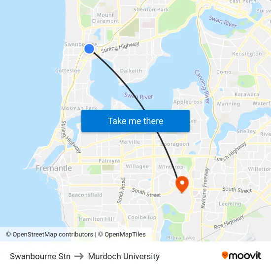 Swanbourne Stn to Murdoch University map
