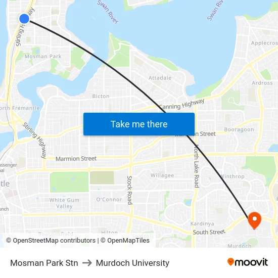 Mosman Park Stn to Murdoch University map