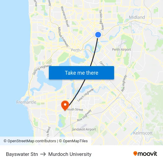 Bayswater Stn to Murdoch University map