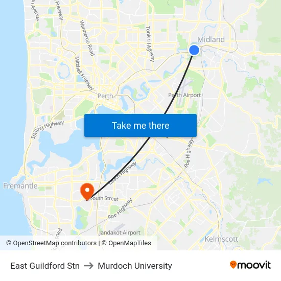 East Guildford Stn to Murdoch University map