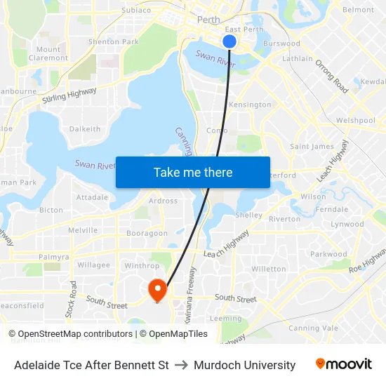 Adelaide Tce After Bennett St to Murdoch University map