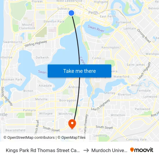 Kings Park Rd Thomas Street Cat Id 108 to Murdoch University map